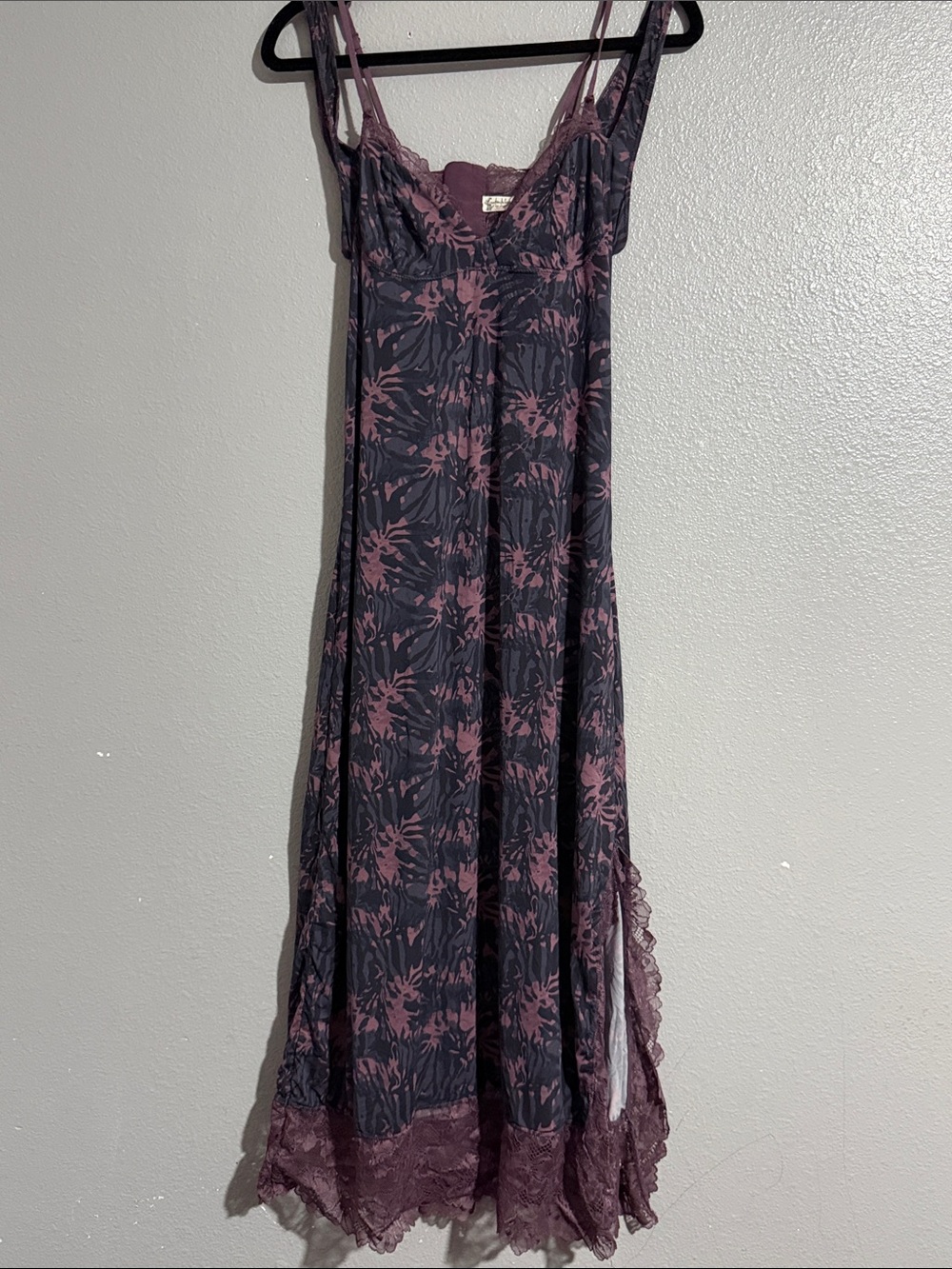 Floral Lace-Trim Maxi Slip Dress in Plum and Charcoal